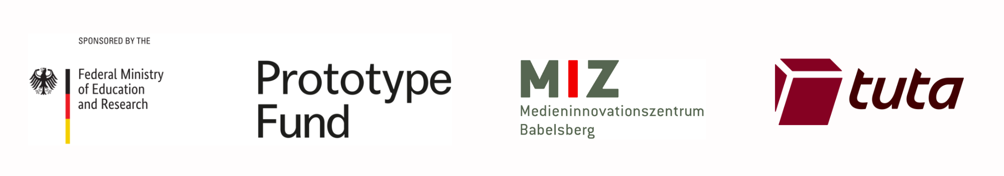 Logo of the Federal Ministry of Education and Research of Germany, the Prototype Fund and the MIZ Babelsberg.